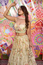 Load image into Gallery viewer, Beige Color Chinon Crepe Fabric Print With Handwork Designer Lehenga With Beautiful Spaghetti Straps Blouse