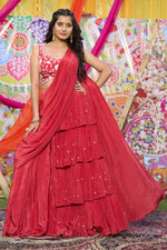Load image into Gallery viewer, Rust Color Pure Crepe Chinon Sequins And Pearl Work Drape Saree With Designer Skirt