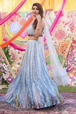 Load image into Gallery viewer, Aqua Color Fancy Fabric Printed And Cut Dana Hand Work Skirt With One Side Designer Blouse