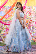 Load image into Gallery viewer, Aqua Color Fancy Fabric Printed And Cut Dana Hand Work Skirt With One Side Designer Blouse