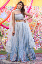 Load image into Gallery viewer, Aqua Color Fancy Fabric Printed And Cut Dana Hand Work Skirt With One Side Designer Blouse