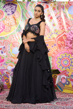 Load image into Gallery viewer, Black Organza Printed And Sequins Work Flair Lehenga Choli With Ruffle Dupatta