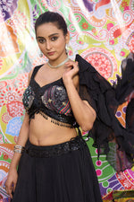 Load image into Gallery viewer, Black Organza Printed And Sequins Work Flair Lehenga Choli With Ruffle Dupatta