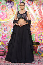 Load image into Gallery viewer, Black Organza Printed And Sequins Work Flair Lehenga Choli With Ruffle Dupatta