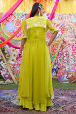 Load image into Gallery viewer, Lime Green Organza And Pure Crepe Total Hand Work Stylish Indo Western Palazzo With Shrug