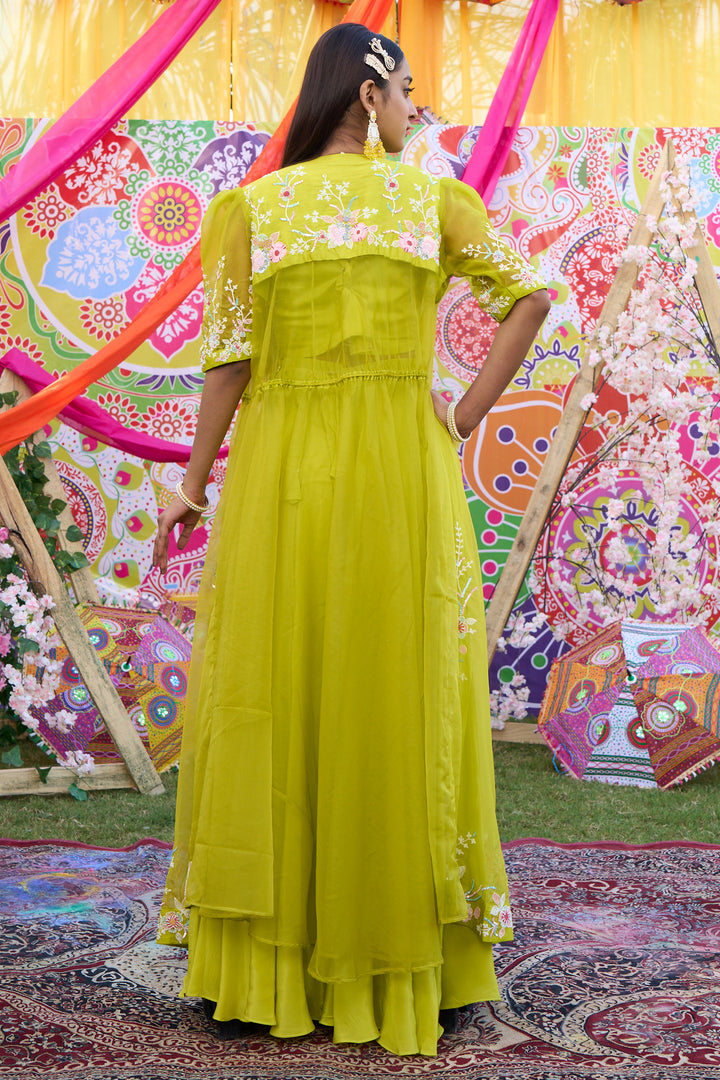 Lime Green Organza And Pure Crepe Total Hand Work Stylish Indo Western Palazzo With Shrug