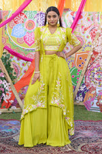 Load image into Gallery viewer, Lime Green Organza And Pure Crepe Total Hand Work Stylish Indo Western Palazzo With Shrug