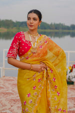 Load image into Gallery viewer, Yellow Pure Organza Highlighting Pearl Zardosi And Resham Work Designer Saree