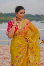 Load image into Gallery viewer, Yellow Pure Organza Highlighting Pearl Zardosi And Resham Work Designer Saree