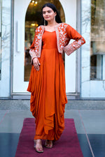Load image into Gallery viewer, Rust Indo Western With Jardoshi And Knot Handwork