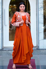Load image into Gallery viewer, Rust Indo Western With Jardoshi And Knot Handwork
