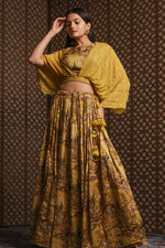 Load image into Gallery viewer, Appealing Mustard Color Hand Work Crop Top With Peacock Art Print Designer Skirt