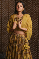 Load image into Gallery viewer, Appealing Mustard Color Hand Work Crop Top With Peacock Art Print Designer Skirt