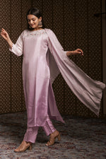 Load image into Gallery viewer, Lavender Pure Dola Silk Handwork On Yok Readymade Suit With Organza Scallop Dupatta