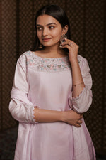 Load image into Gallery viewer, Lavender Pure Dola Silk Handwork On Yok Readymade Suit With Organza Scallop Dupatta