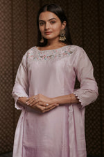 Load image into Gallery viewer, Lavender Pure Dola Silk Handwork On Yok Readymade Suit With Organza Scallop Dupatta