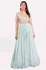 Load image into Gallery viewer, Aqua Blue Tone Chinon Fabric Readymande Gown With Hand Work