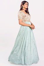 Load image into Gallery viewer, Aqua Blue Tone Chinon Fabric Readymande Gown With Hand Work