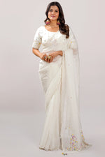 Load image into Gallery viewer, Off White Color Pearl And Sequence Work Saree With Readymade Blouse