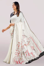 Load image into Gallery viewer, Pure Dola Silk Hand Print Pallu Saree With Stand Neck Collar Blouse