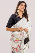 Load image into Gallery viewer, Pure Dola Silk Hand Print Pallu Saree With Stand Neck Collar Blouse