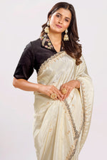 Load image into Gallery viewer, Pure Tusser Tissue Jardoshi Border Work Saree With Contrast Blouse