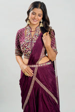 Load image into Gallery viewer, Pure Silk Fabric Hand Work Drapping Waist Belt Ready To Wear Saree With High Neck Pattern Blouse