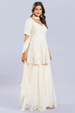 Load image into Gallery viewer, Pure Silk Pearl Work Peplum Style Sharara Suit With Bow Neck Duppata