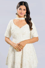 Load image into Gallery viewer, Pure Silk Pearl Work Peplum Style Sharara Suit With Bow Neck Duppata