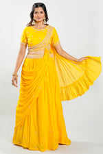 Load image into Gallery viewer, Drape Style Hand Knot Pearl Border Work Readymade Lehenga Choli