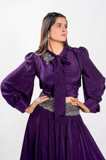 Load image into Gallery viewer, Purple Color Long Ballon Sleeves Lehenga With Crop Top
