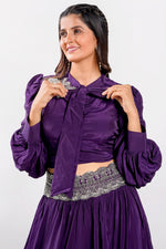 Load image into Gallery viewer, Purple Color Long Ballon Sleeves Lehenga With Crop Top