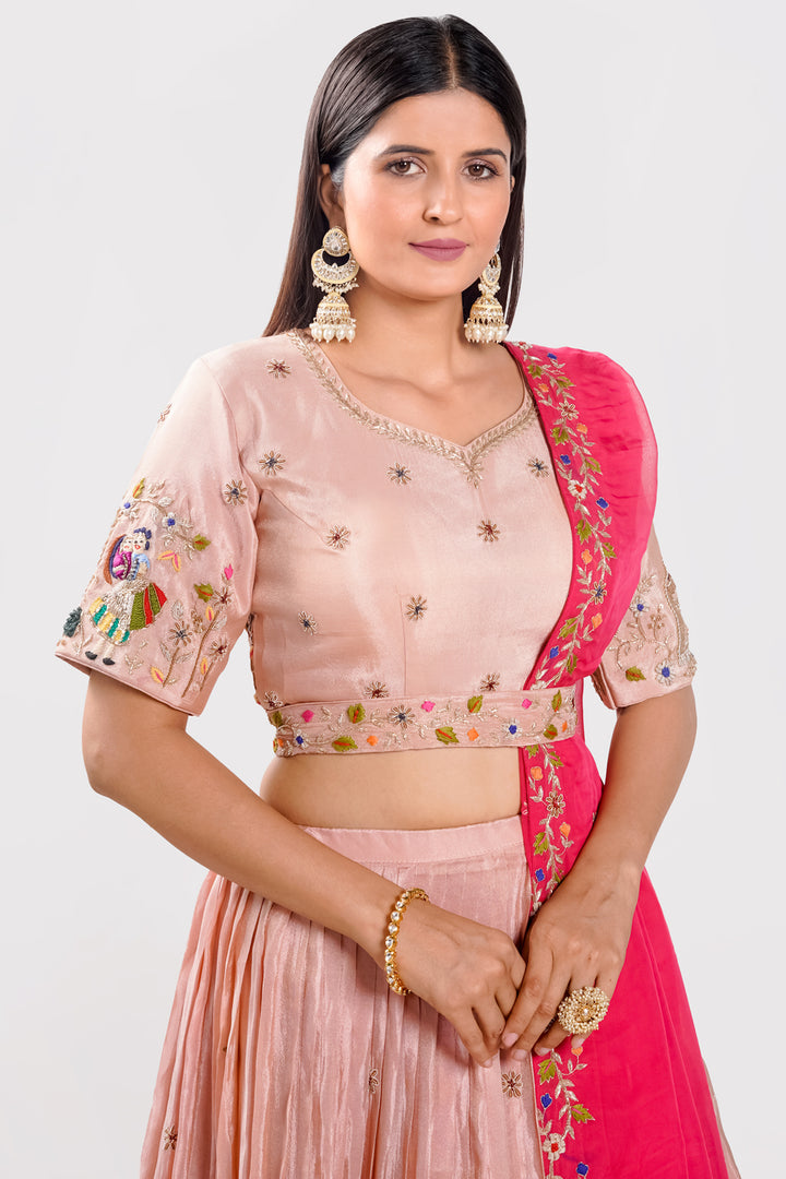 Tissue Fabric Two Layered Pleated Lehenga With Belt