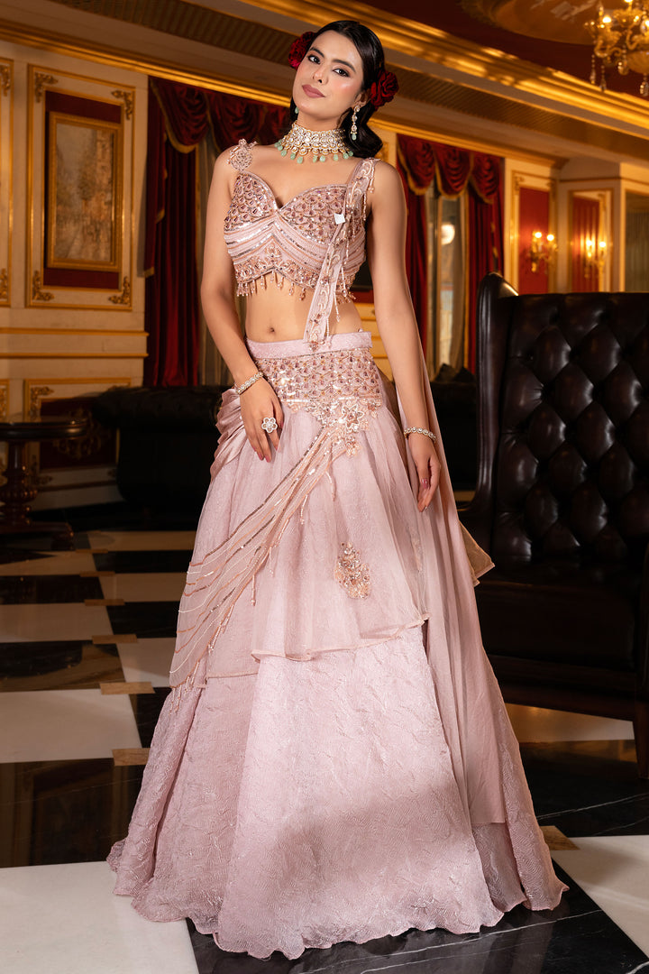 Pink Crop Top Texture Fabric Drap Monotone Sequins With Pipe And Cutdana Work Designer Lehenga