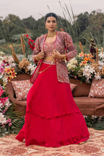 Load image into Gallery viewer, Pure Georgette Rani Tone Small Bidwork Aari And Cross Indowestern Skirt And Waist With Jacket
