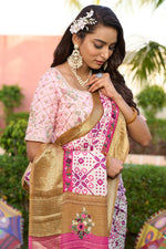 Load image into Gallery viewer, Beige Dola Silk Patola Print Heavy Katha And French Knot Work Saree With Designer Blouse
