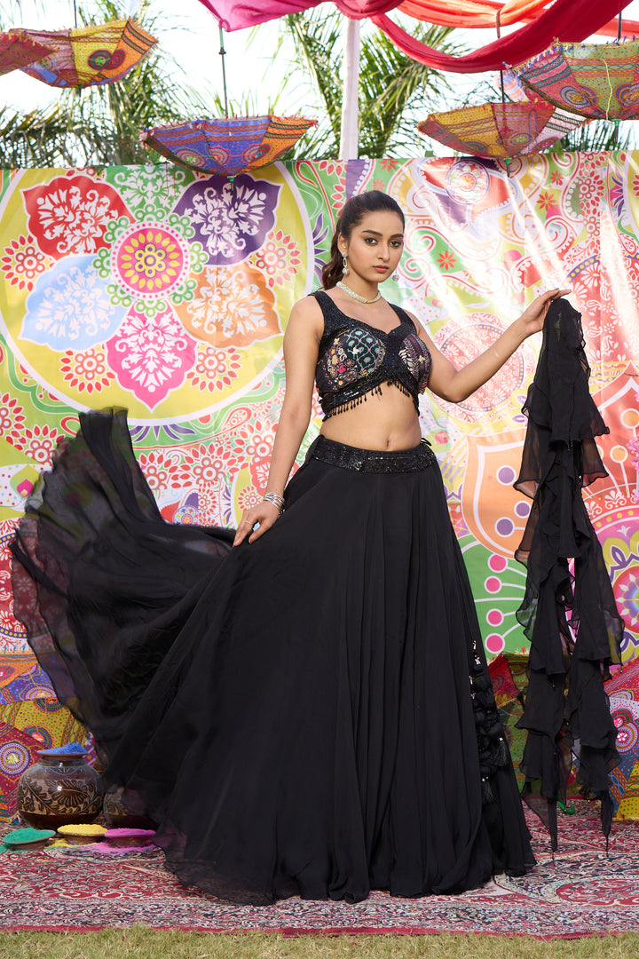 Black Organza Printed And Sequins Work Flair Lehenga Choli With Ruffle Dupatta