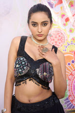 Load image into Gallery viewer, Black Organza Printed And Sequins Work Flair Lehenga Choli With Ruffle Dupatta
