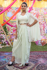 Load image into Gallery viewer, Pista Color Organza Crepe Zardosi Work Dhoti Style Indo Western Skirt
