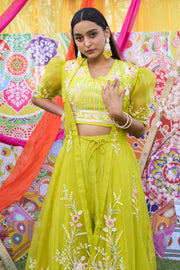 Lime Green Organza And Pure Crepe Total Hand Work Stylish Indo Western Palazzo With Shrug