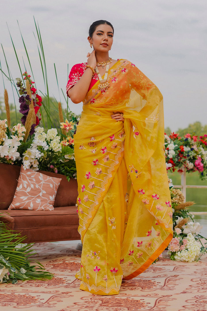 Yellow Pure Organza Highlighting Pearl Zardosi And Resham Work Designer Saree