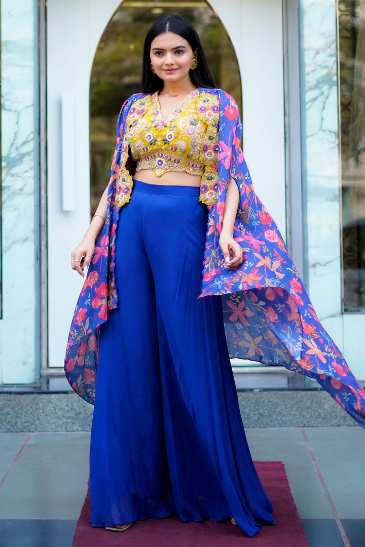 Blue Palazzo With Floral Crepe Spaghetti Blouse