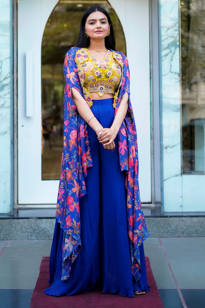 Blue Palazzo With Floral Crepe Spaghetti Blouse