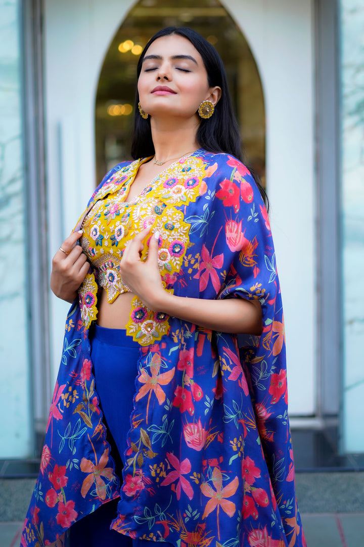 Blue Palazzo With Floral Crepe Spaghetti Blouse