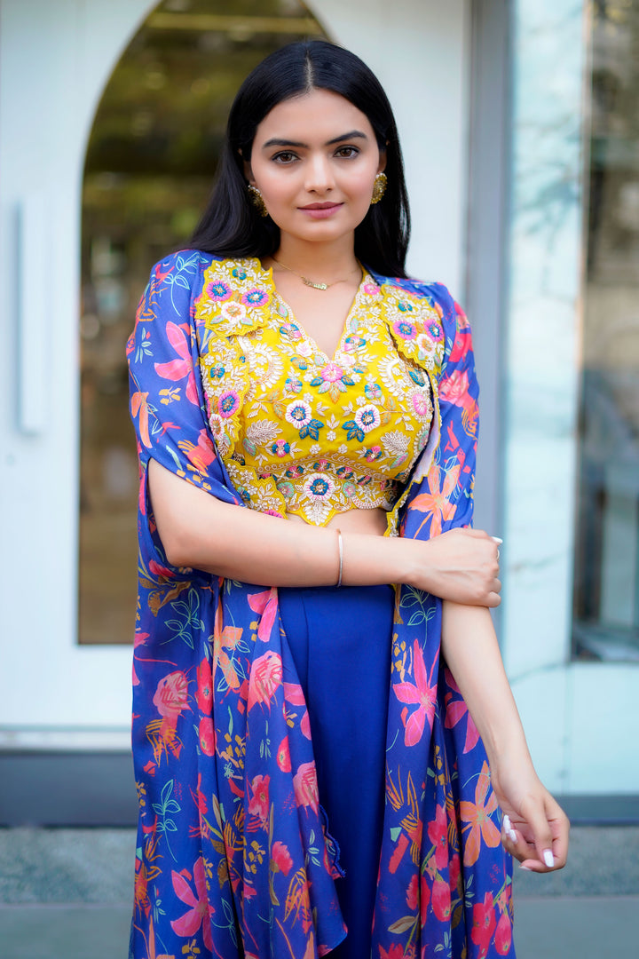 Blue Palazzo With Floral Crepe Spaghetti Blouse