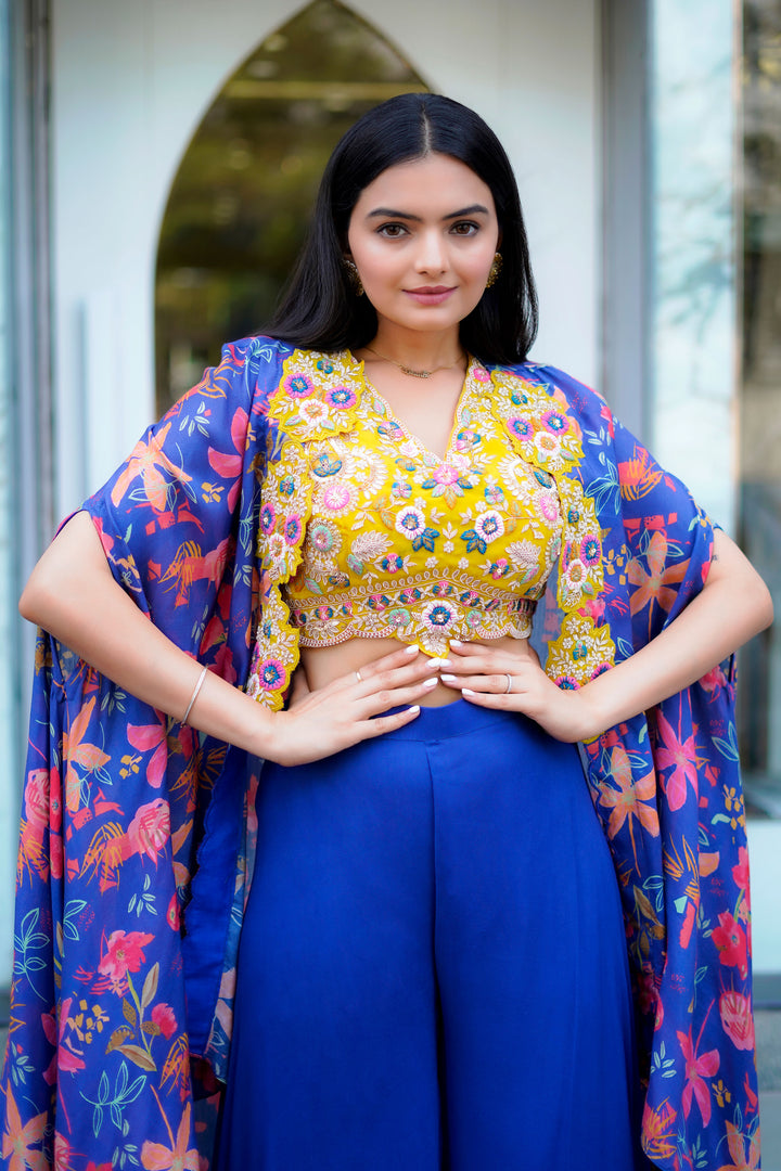 Blue Palazzo With Floral Crepe Spaghetti Blouse