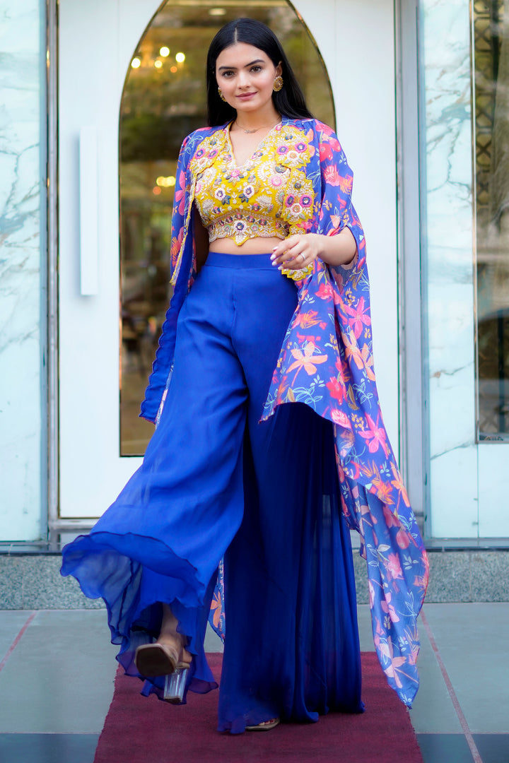 Blue Palazzo With Floral Crepe Spaghetti Blouse