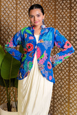 Load image into Gallery viewer, Floral Crepe One Piece With Floral Jacket In Electric Blue And Yellow
