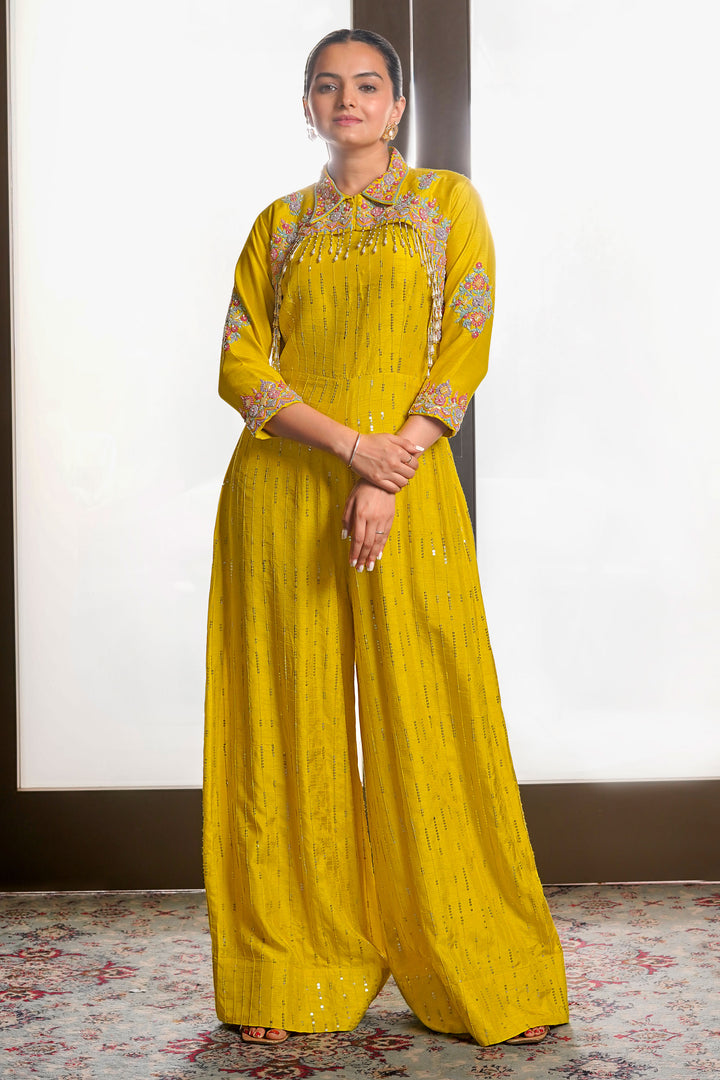 Yellow Pure Silk Jumpsuit With Gully Handwork