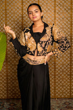 Load image into Gallery viewer, Black Crepe Dhoti Skirt With Gold Sequin Top And Inner
